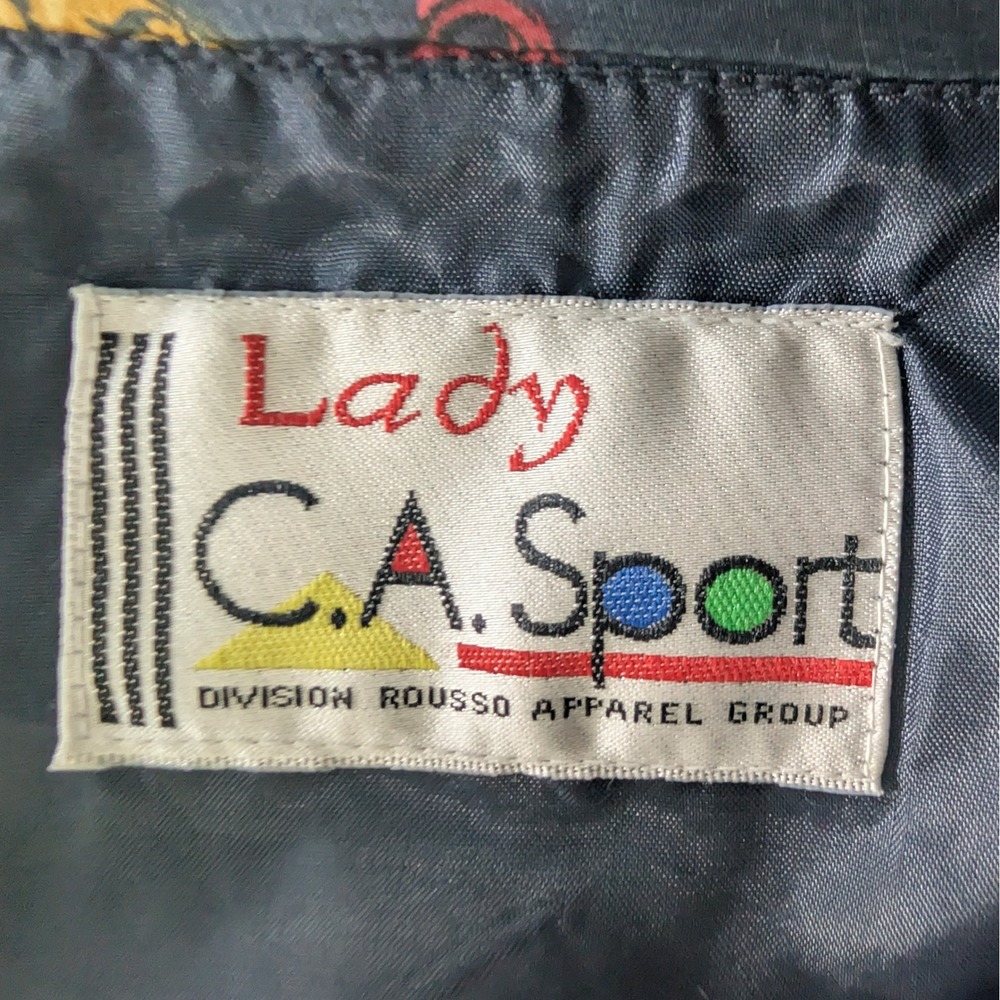 Lady CA Sport Vintage Silk Bomber Jacket 2X Navy Blue Baroque Chain Print Zip - Picture 7 of 11